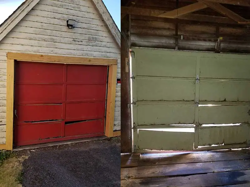 Before: old red and green swing doors