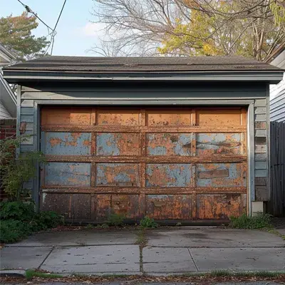 Weathered, broken-down garage door