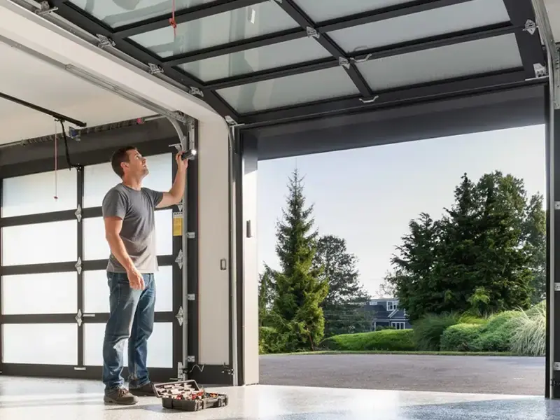 Homeowner opening a well-maintained full-view garage door